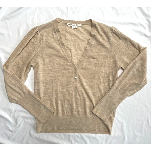 Veronica Beard Inez  Stretch Merino Deep V Henley Sweater, Oatmeal, Large - Picture 2 of 6